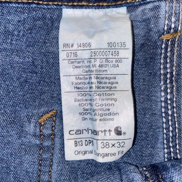 Vintage Carhartt Dungaree Fit B13-DPS‎  Carpenter Denim Jeans Sz 38x32 - Picture 3 of 3